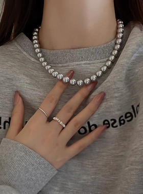 施家珍珠质感正圆高级感小众真多麻灰色珍珠项链男女气质轻奢颈链