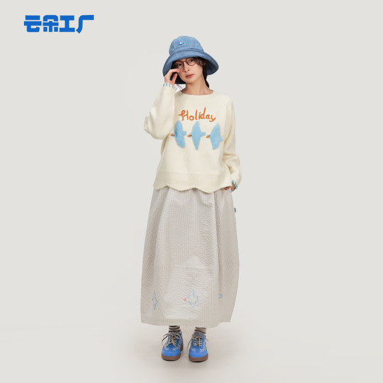 云朵工厂八头船海鸥提花圆领毛衣内搭女针织衫早秋新款套头上衣