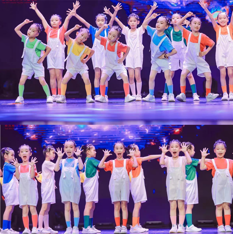 六一儿童表演服糖果色纯棉短袖背带裤幼儿舞蹈服一颗跳跳糖演出服 - 图0