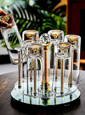 高档轻奢水晶喝水杯家用金箔直身耐热茶杯子果汁带杯架啤酒杯
