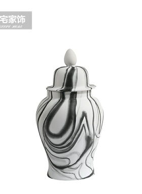 新中式黑白手绘陶瓷将军大罐摆件玄关客厅样板房软装饰品椭圆长盘