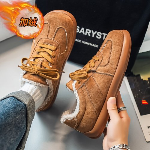 德训男鞋冬季防滑防水厚底加绒保暖棉鞋青少年复古百搭休闲平板鞋 - 图0