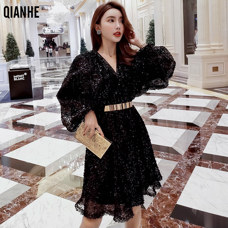 乾赫黑色亮片春秋2020新款连衣裙 乾赫新德瑞娜连衣裙