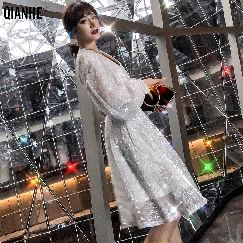 乾赫银色亮片春秋2020新款连衣裙 乾赫新德瑞娜连衣裙