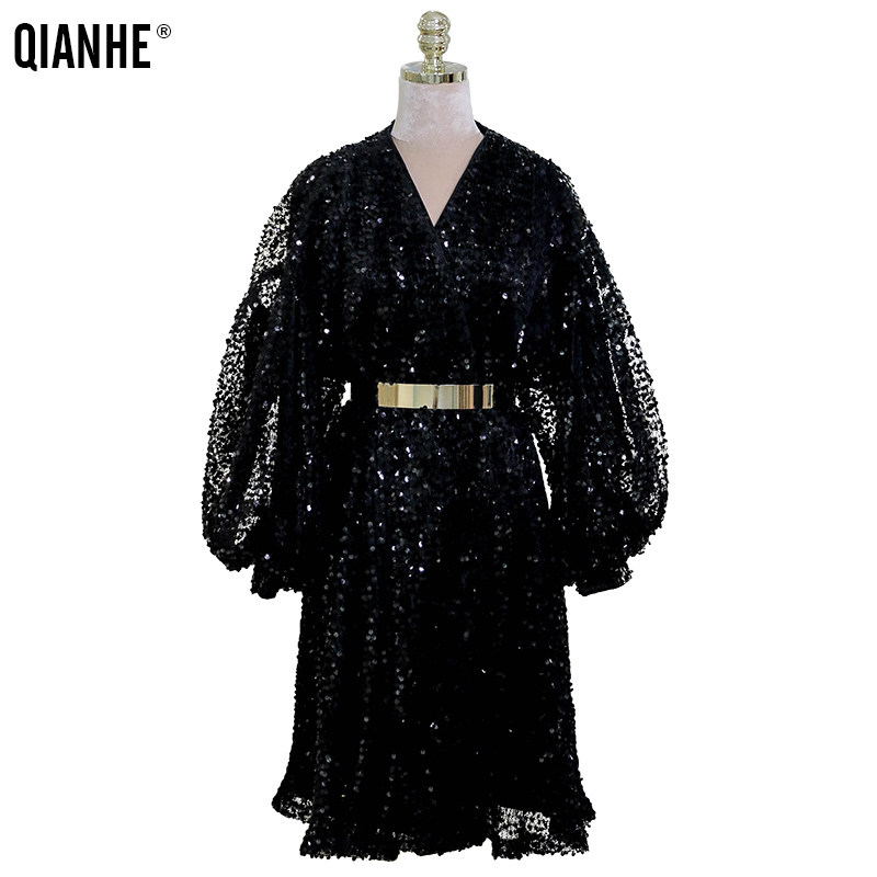 乾赫黑色亮片春秋2020新款连衣裙 乾赫新德瑞娜连衣裙