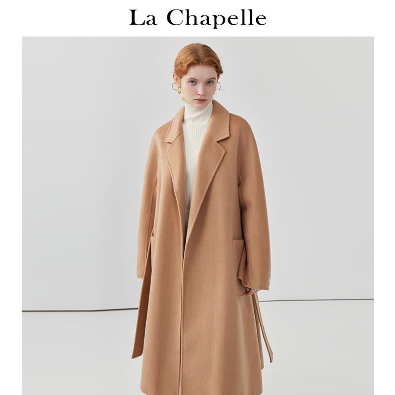 拉夏贝尔/La Chapelle西装领长款毛呢外套女系带长款绵羊毛大衣春