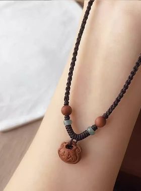 桃核红绳项链编织女士真桃木护身挂件锁吊坠平安锁成人男儿童宝宝