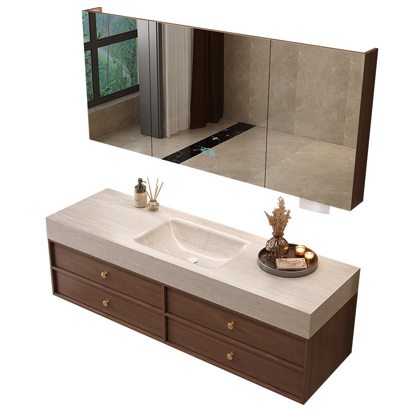 胡桃色中古风浴室柜岩板热弯一体洗手洗脸盆组合卫生间洗漱台定制,淘宝优惠券,粉丝福利购,淘宝优惠卷