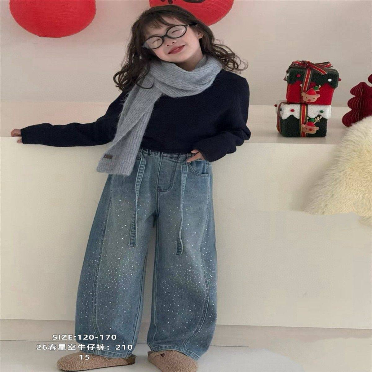 女童裤子2025新款中大童满天星烫钻水洗牛仔裤儿童一体绒弯刀裤潮,淘宝优惠券,粉丝福利购,淘宝优惠卷