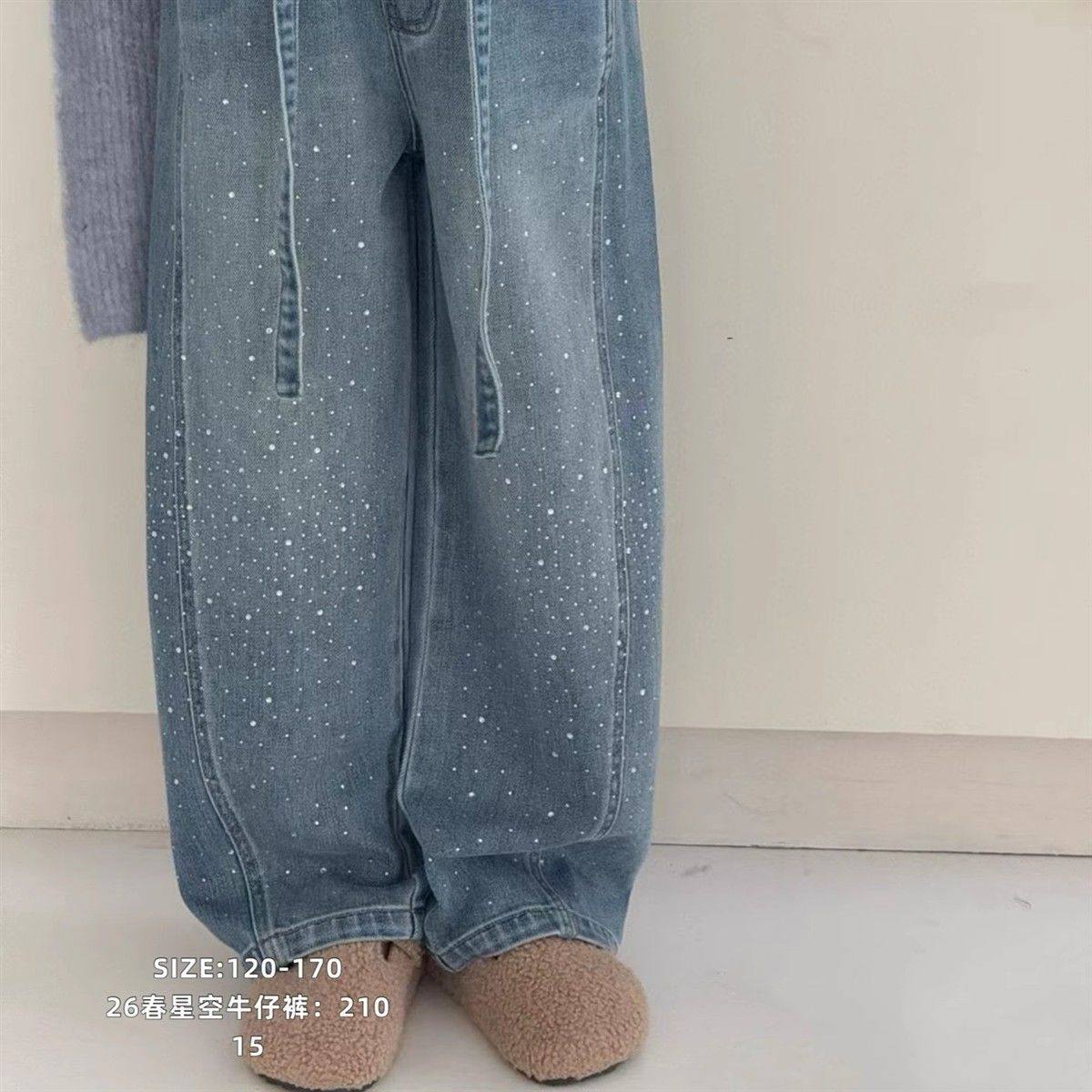 女童裤子2025新款中大童满天星烫钻水洗牛仔裤儿童一体绒弯刀裤潮,淘宝优惠券,粉丝福利购,淘宝优惠卷