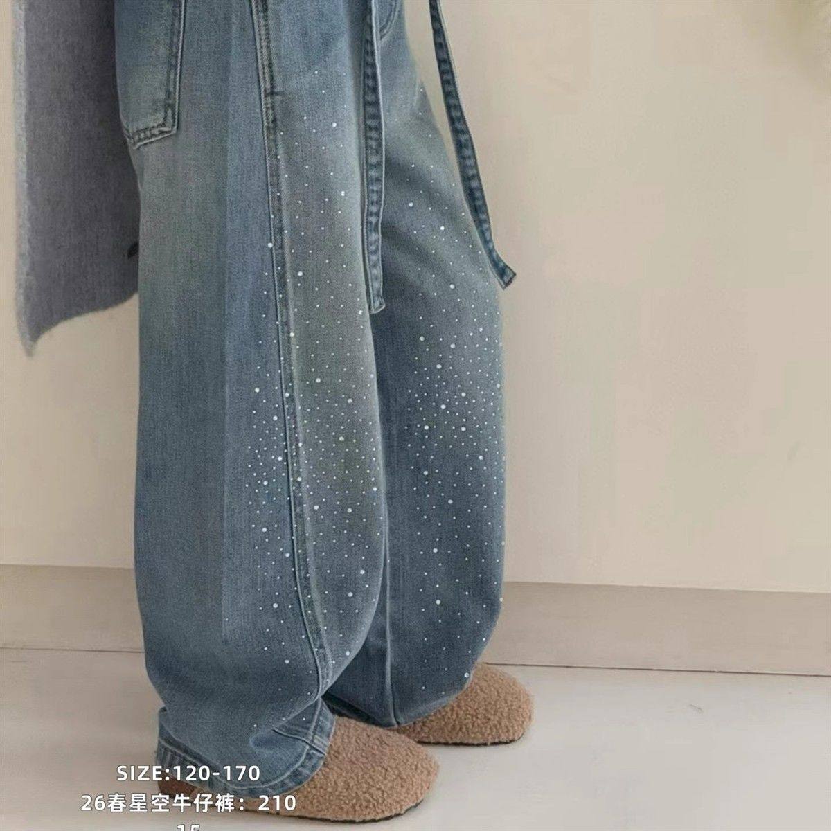 女童裤子2025新款中大童满天星烫钻水洗牛仔裤儿童一体绒弯刀裤潮,淘宝优惠券,粉丝福利购,淘宝优惠卷
