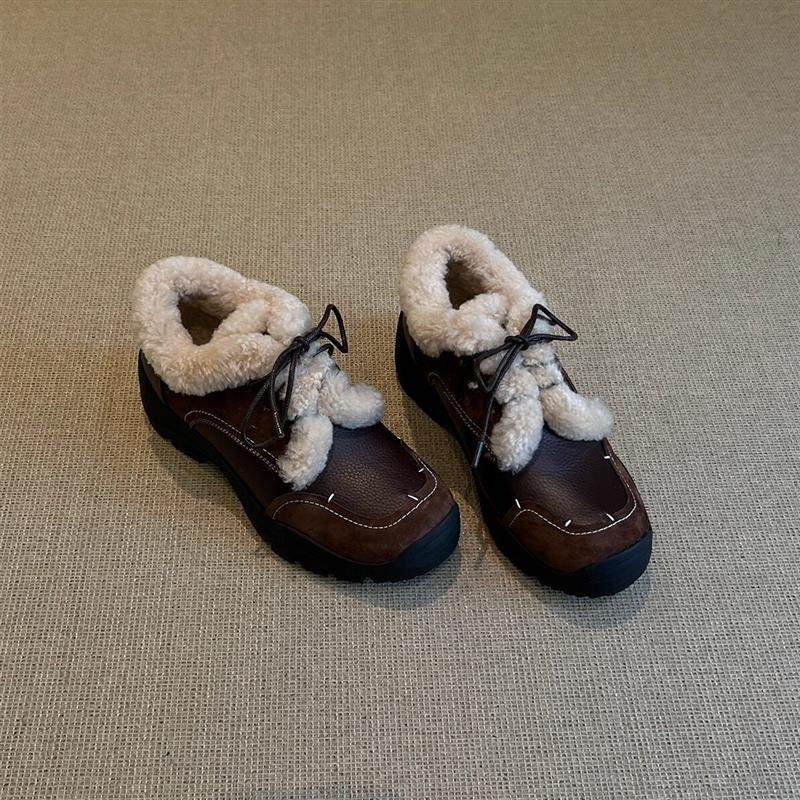 小个子真皮拼接休闲舒适运动风系带毛毛鞋棉鞋冬季新款深口单鞋女,淘宝优惠券,粉丝福利购,淘宝优惠卷