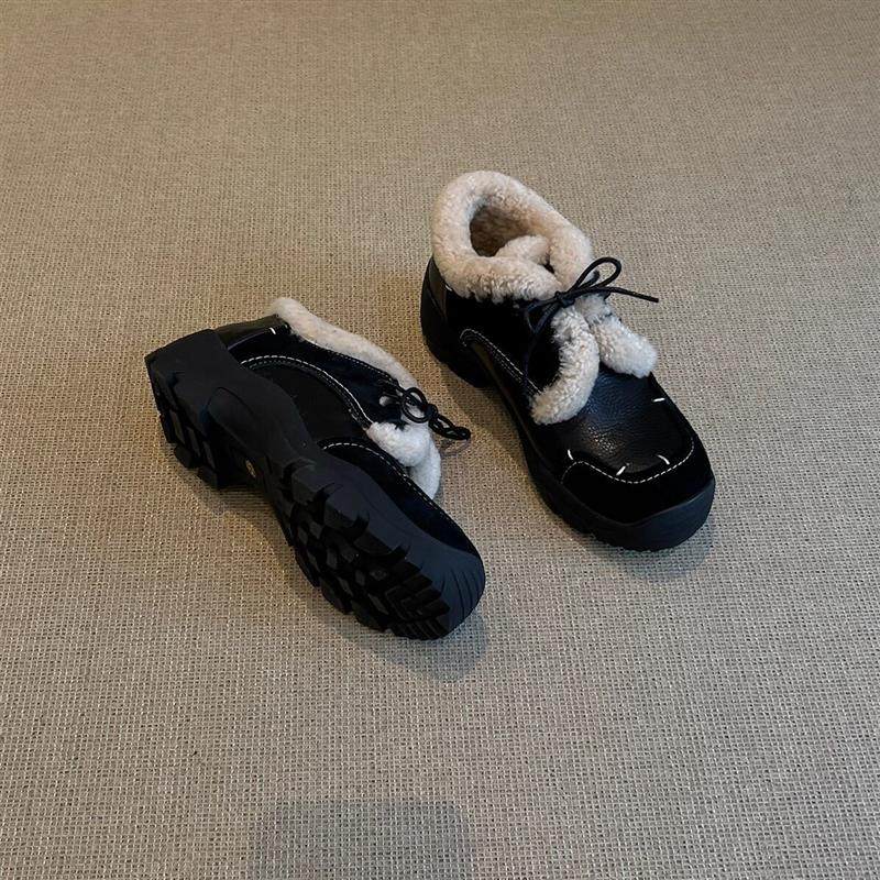 小个子真皮拼接休闲舒适运动风系带毛毛鞋棉鞋冬季新款深口单鞋女,淘宝优惠券,粉丝福利购,淘宝优惠卷