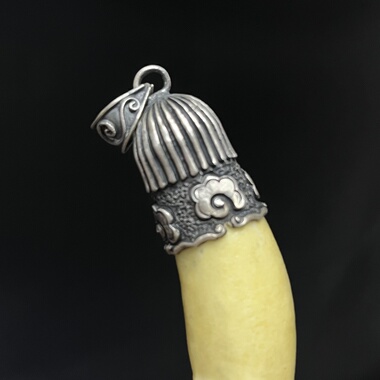 越轩银匠纯手工打造大号空套托牙尖套男士吊坠熊虎牙包银挂件包邮