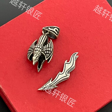 越轩银匠s925银空套托鹰头狗牙挂件饰品包邮狼牙包银套