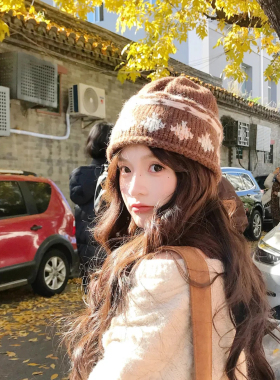 费尔岛提花针织毛线帽女秋冬保暖显脸小护耳包头帽复古大头围冷帽