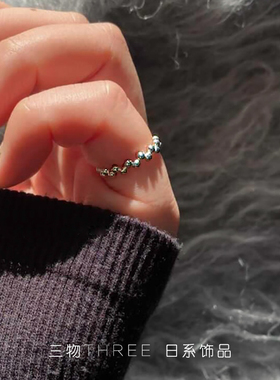 THREE日系S925银尾指复古法式女百搭简约小珠珠开口极细款戒指