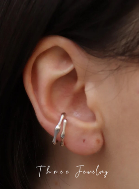THREE小众设计925纯银尾戒双层线条不对称关节戒指简约风耳骨夹