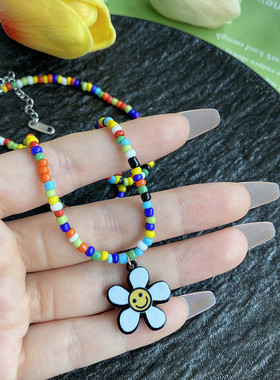 彩色珠子少女减龄笑脸花朵项链