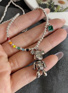 潮酷小熊吊坠毛衣项链彩珠豆豆冷淡风卫衣链嘻哈配饰银色颈链