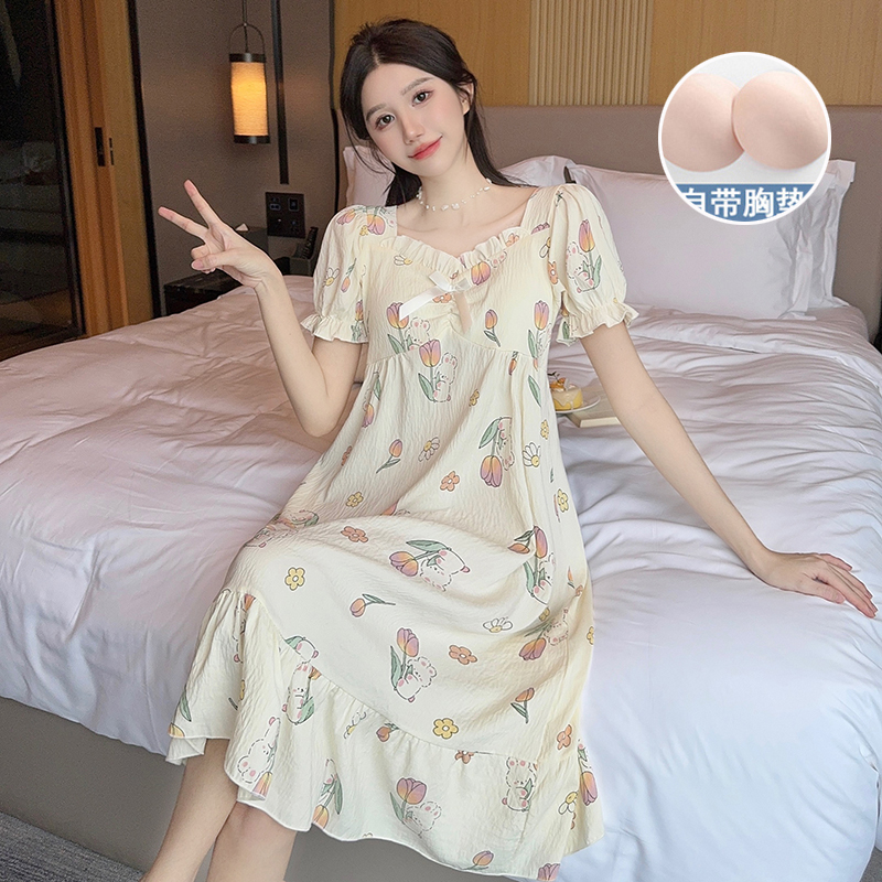 2024新款带胸垫泡泡棉睡裙女夏季公主风性感可爱中长款家居服夏天 - 图0