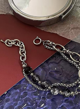 型男潮男钛钢拼接手链男女街头小众嘻哈双层手链体育生1S秀臂手环