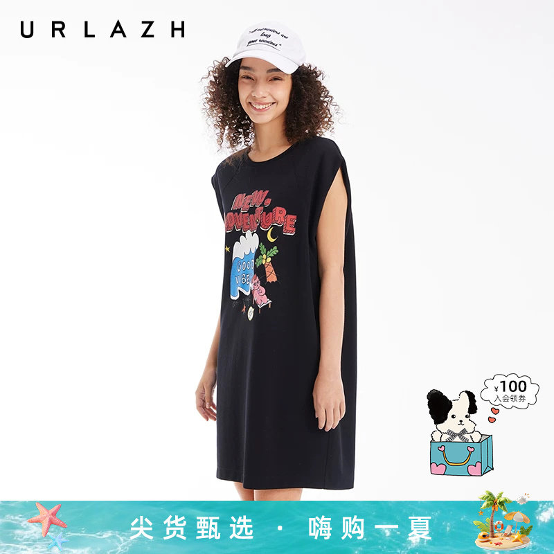 URLAZH有兰夏季新款复古印花黑色休闲时尚简约宽松无袖背心连衣裙