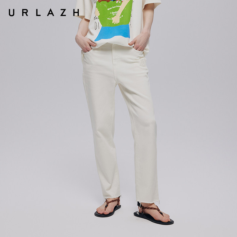 URLAZH有兰夏季新款清爽白简约时尚修身纯色百搭牛仔裤9分裤女 - 图0