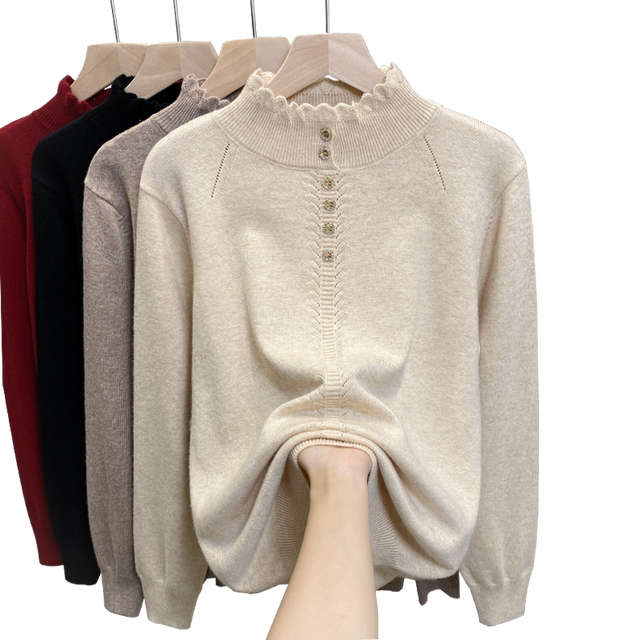 Lace Half Turtleneck Sweater Women's Trendy Knitted Sweater Bottoming Shirt