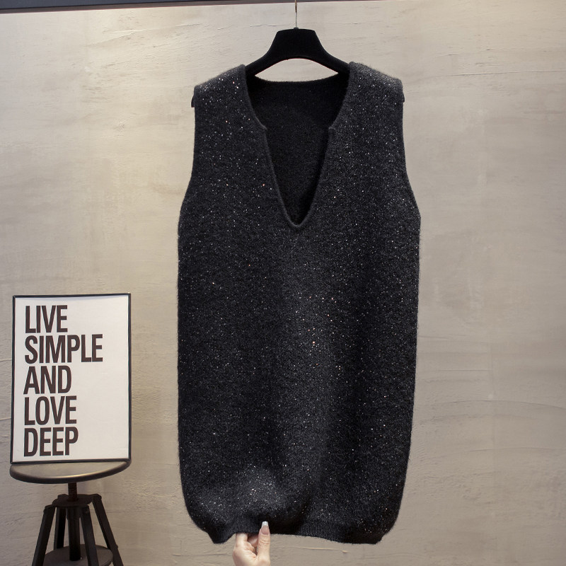 长款亮片v领针织马甲背心女2025秋冬新款宽松外穿马夹毛衣坎肩潮,淘宝优惠券,粉丝福利购,淘宝优惠卷