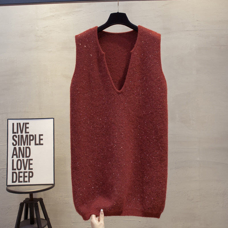 长款亮片v领针织马甲背心女2025秋冬新款宽松外穿马夹毛衣坎肩潮,淘宝优惠券,粉丝福利购,淘宝优惠卷
