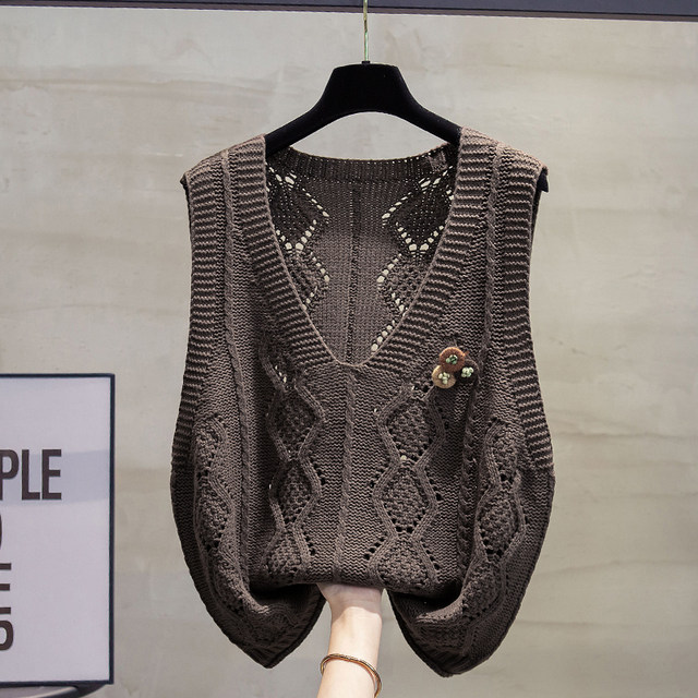 Cotton and linen v-neck knitted vest hollow sweater waistcoat