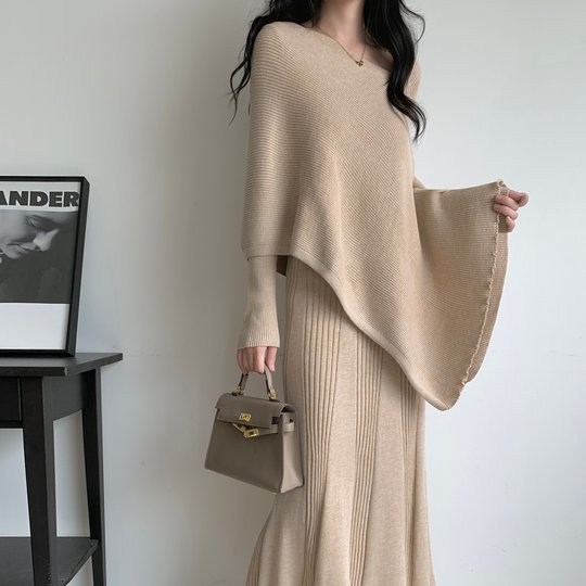 V-neck high-end long skirt and shawl two-piece set for autumn