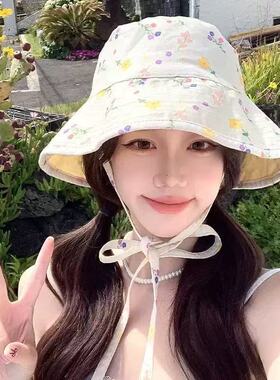 大甜美可爱小帽檐防晒盆帽日系显脸遮阳帽子碎花渔夫帽女夏季双面