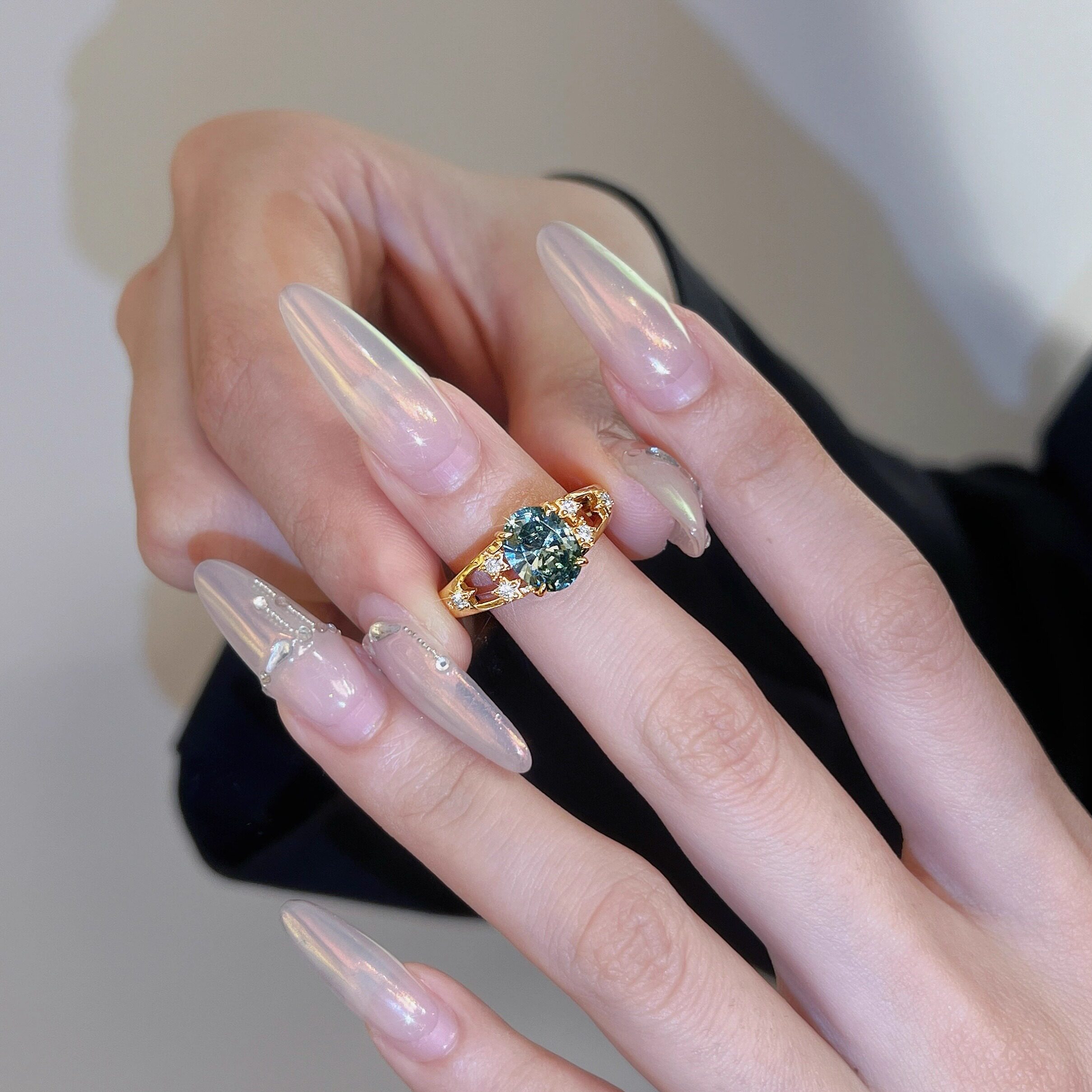 Leidy S925 silver plated real gold lake green star fall vintage 3 carat niche high-end temperament versatile ring for women