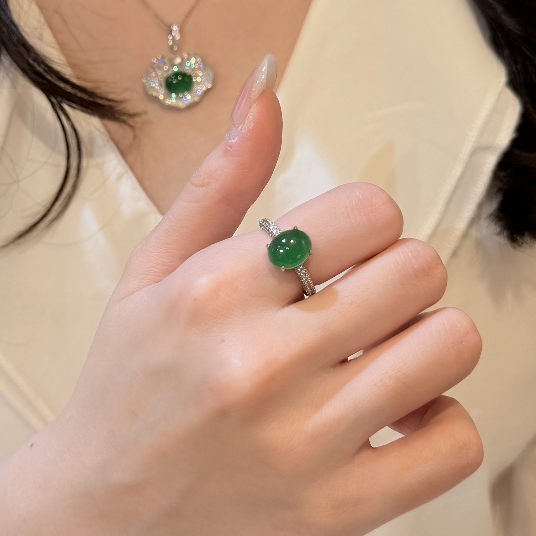 蕾迪「绿洲」天然绿玉髓蛋面·新中式优雅系列｜s925银镀真金戒指,淘宝优惠券,粉丝福利购,淘宝优惠卷