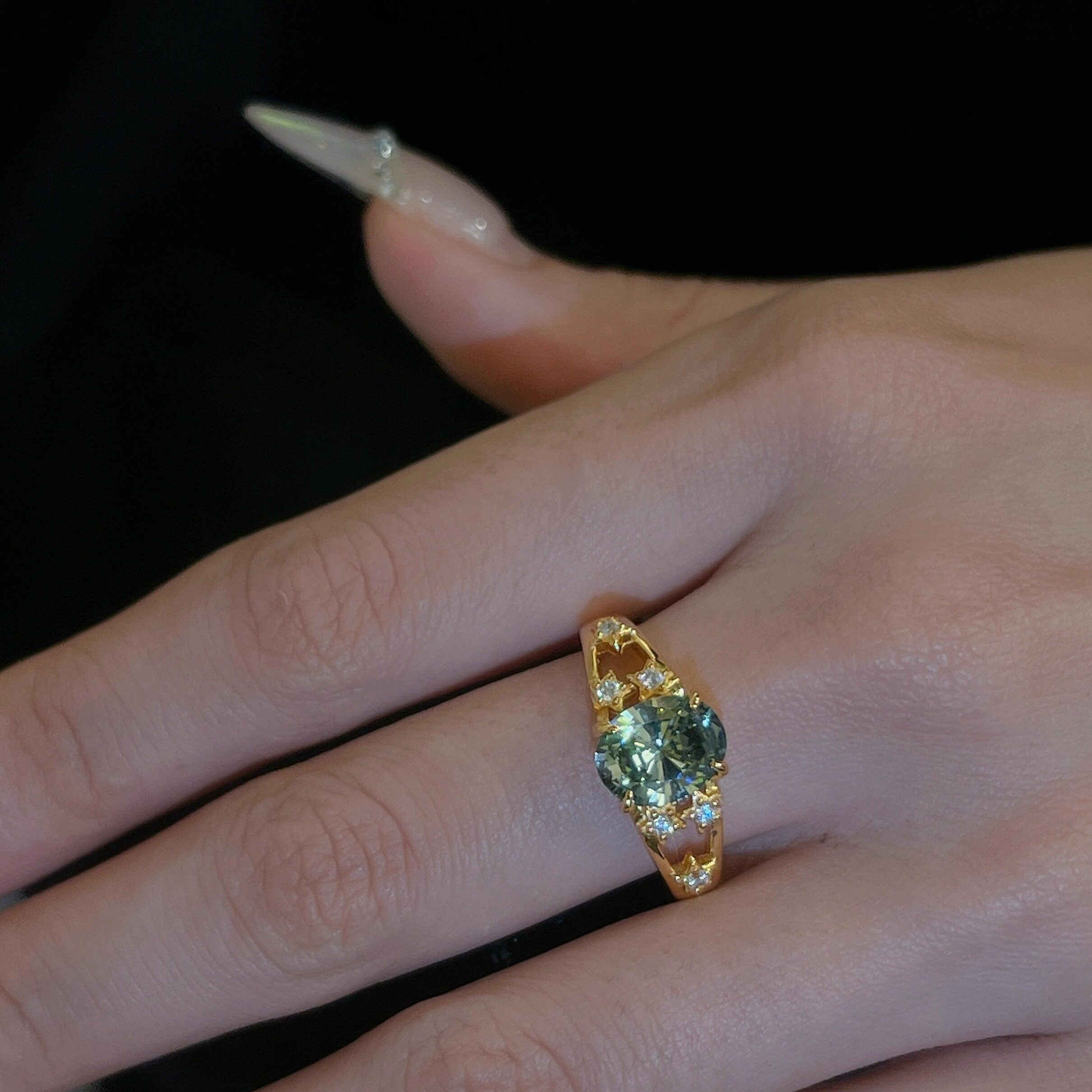 Leidy S925 silver plated real gold lake green star fall vintage 3 carat niche high-end temperament versatile ring for women
