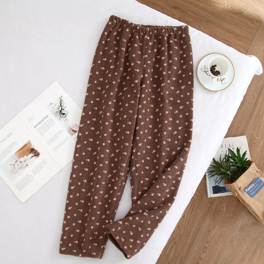 珊瑚绒睡裤女秋冬雪莉绒法兰宽松大码休闲碎花卡通保暖家居长裤子