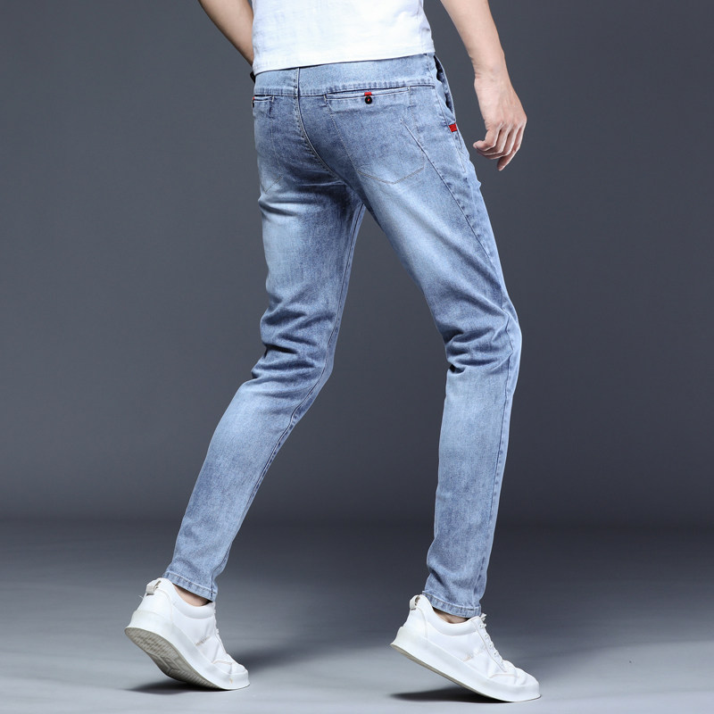 夏季薄款高弹力修身小脚牛仔裤男青年浅蓝色弹性显瘦长裤子潮男装