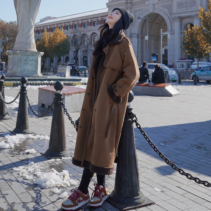 休闲羊羔毛长款棉服外套女2022冬季新款FENING MAJE麂皮绒派克服