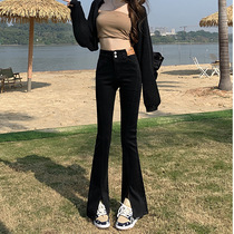 South Korea Black Front Open Fork Plus Suede Micro Horn Jeans Woman 2023 Chunqiu High Waist Conspicuously Slim Horn Pants