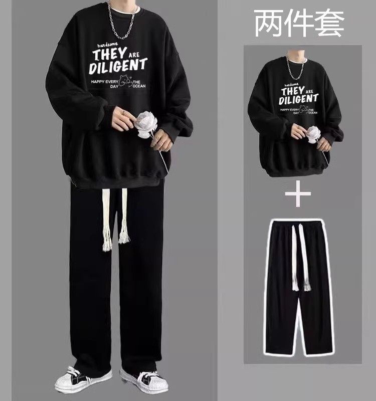 秋冬款休闲卫衣套装男生帅气加绒加厚一套搭配潮流宽松男装两件套,淘宝优惠券,粉丝福利购,淘宝优惠卷