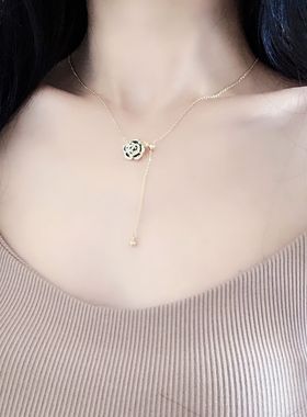 黑色山茶花吊坠项链女轻奢高级感