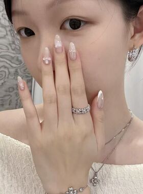纯手工美甲玉簪穿戴甲含露小花法式雕花可拆卸高级温柔感裸色贴片