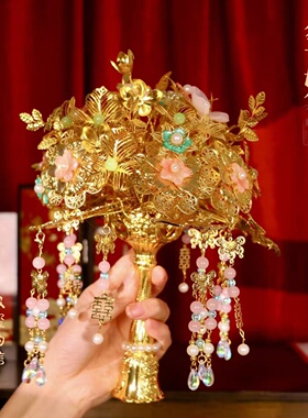 黄金色手捧花新娘结婚团扇礼物婚礼diy新婚秀禾闺蜜高级中式权杖