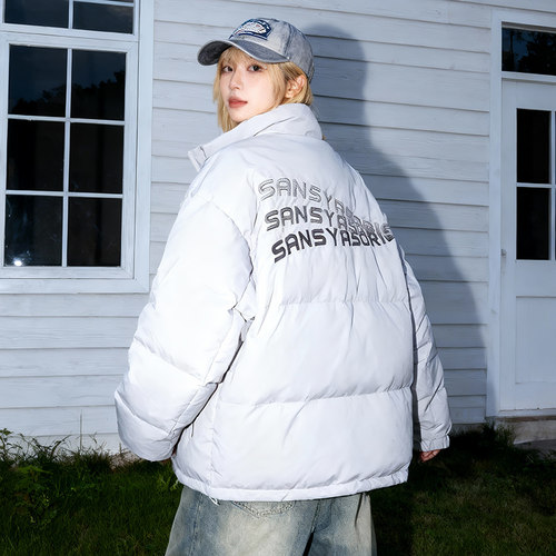 木村三社SANSYAS 羽绒服男女情侣款80白鸭绒立领休闲外套刺绣 - 图0