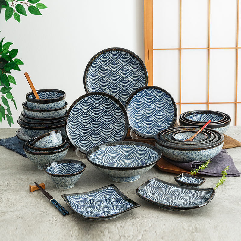 陶趣居 青海波碗家用日本进口盘钵碗盘子 日式复古餐具斗笠米饭碗