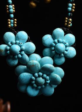 纯手工编织蓝色时尚民族风项链夸张大花朵短款毛衣链个性复古百搭