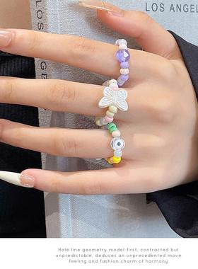 多巴胺彩色串珠戒指女小众独特2025新款爆款指环弹力绳可调节戒子