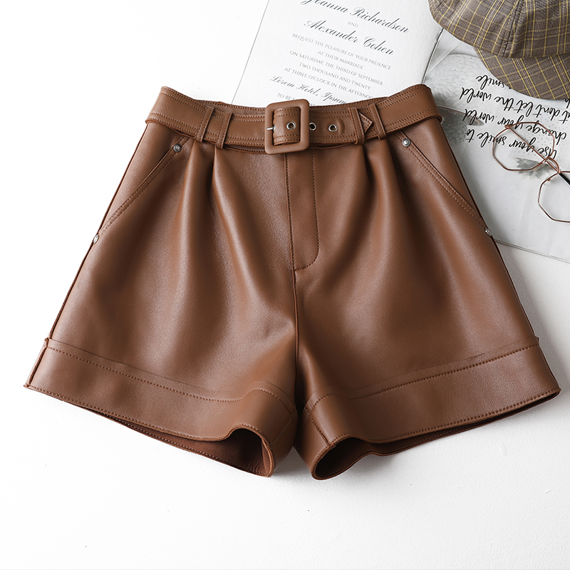 绵羊皮真皮皮短裤女2025新款秋冬高腰显瘦皮裤欧洲站外穿阔腿裤潮 - 图0